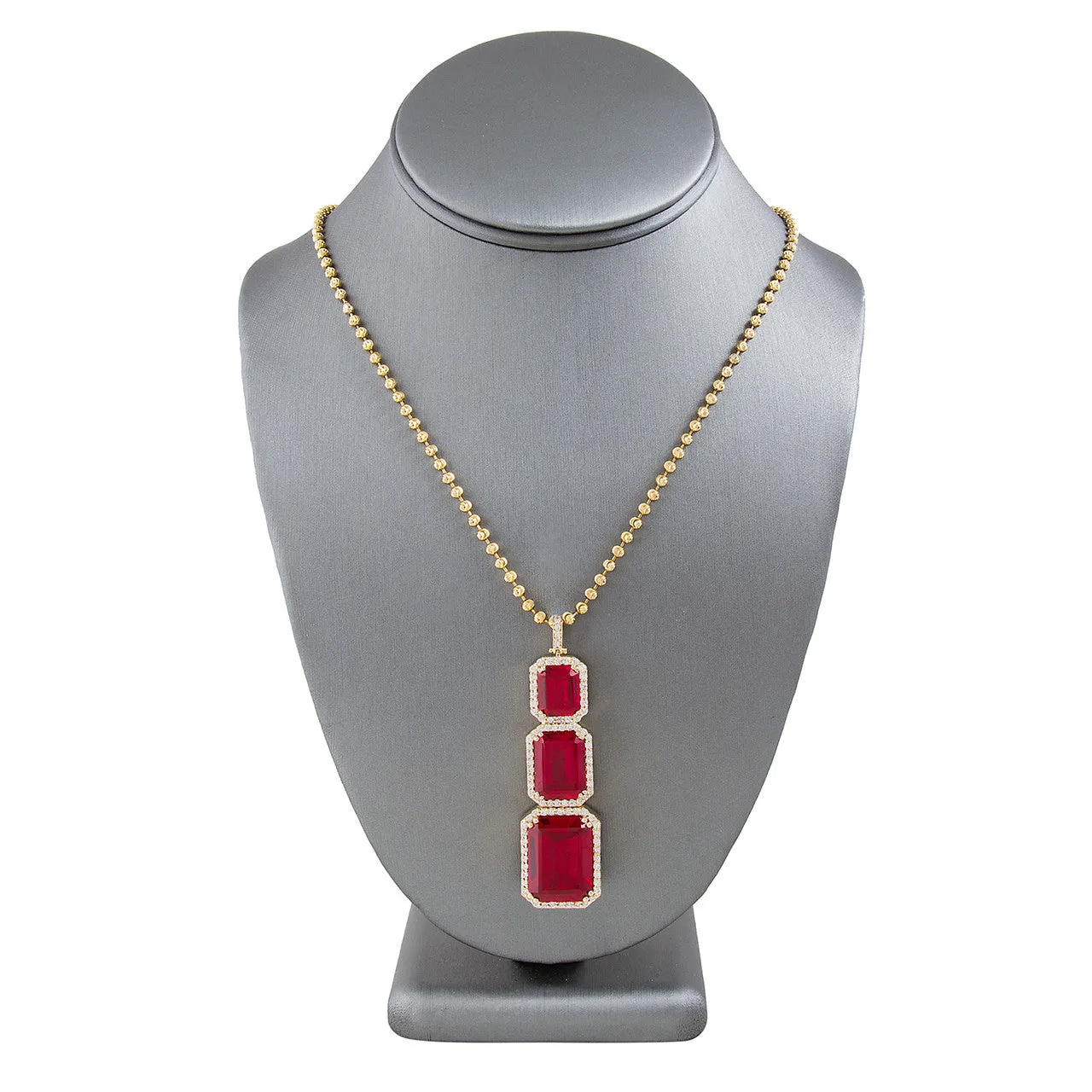 10k Yellow Gold 3.2ct Diamond Triple Ruby Pendant