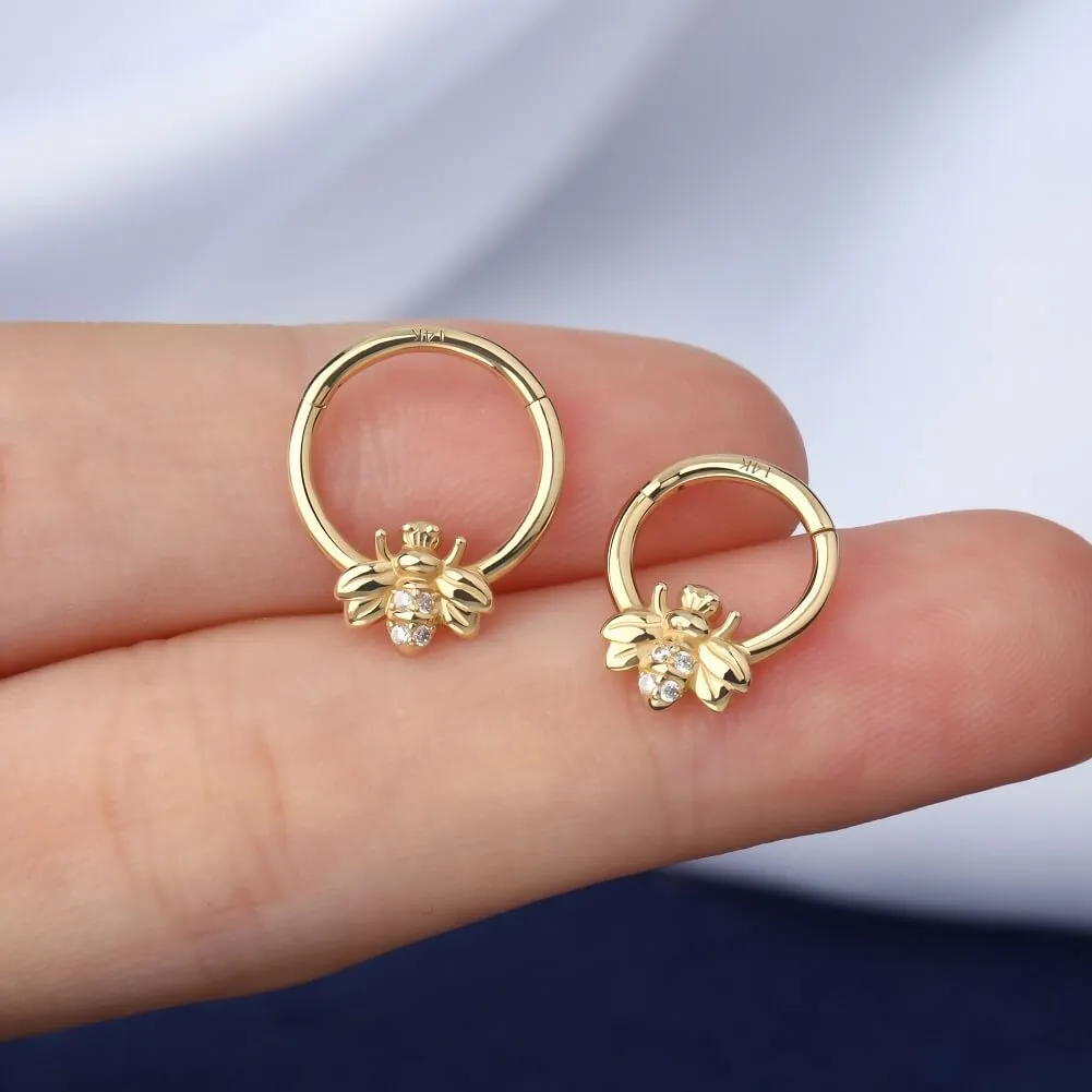 14K Gold Bee Hoop Daith Helix Tragus Earrings 16G Septum Nose Ring