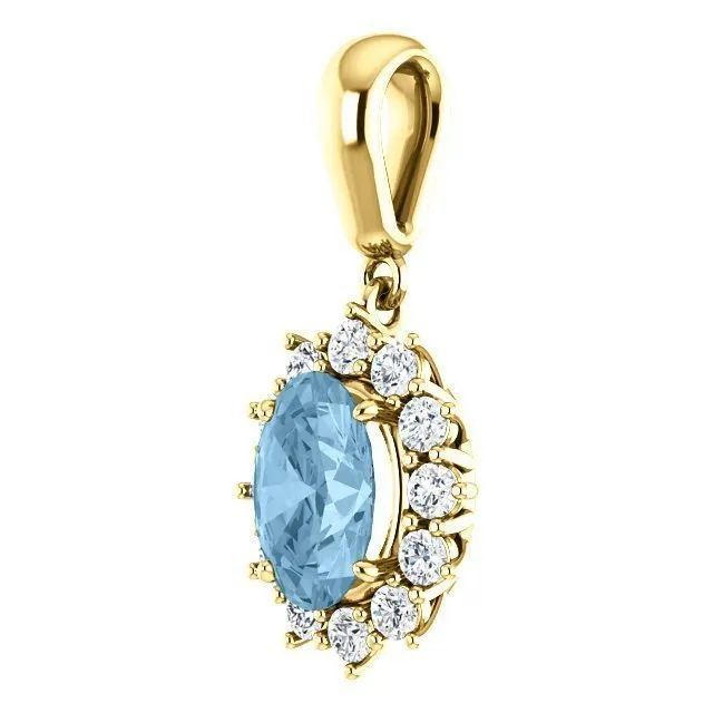 14KT GOLD 1.60 CT SWISS BLUE TOPAZ & 1/3 CTW DIAMOND OVAL HALO PENDANT