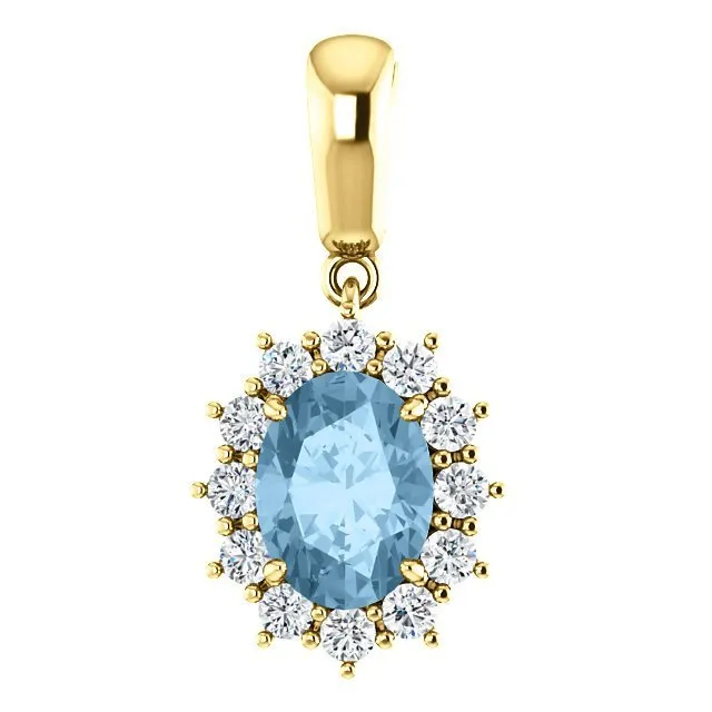 14KT GOLD 1.60 CT SWISS BLUE TOPAZ & 1/3 CTW DIAMOND OVAL HALO PENDANT