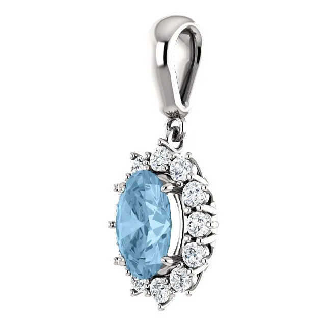 14KT GOLD 1.60 CT SWISS BLUE TOPAZ & 1/3 CTW DIAMOND OVAL HALO PENDANT