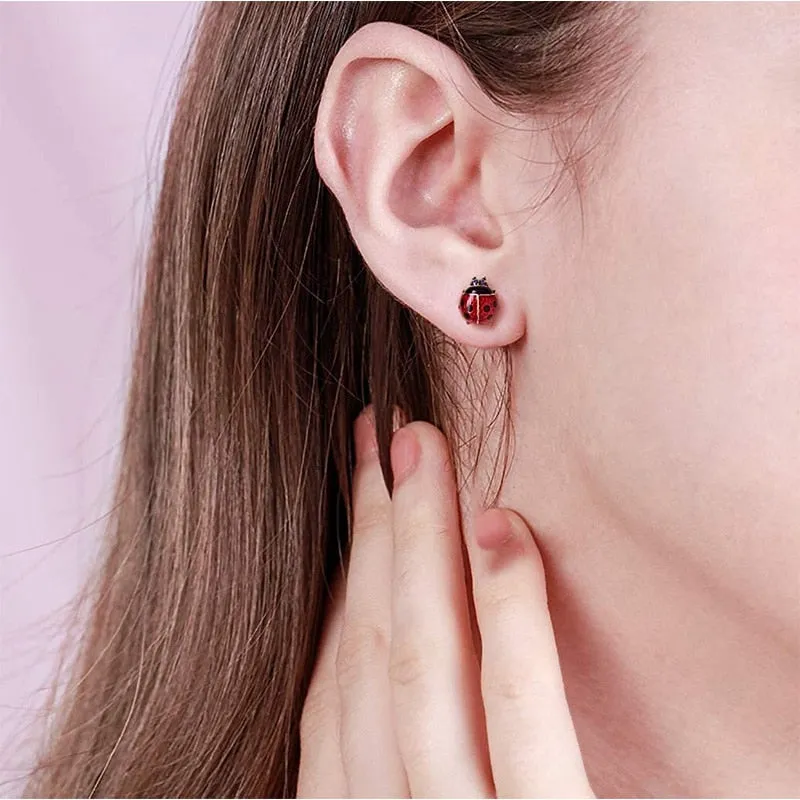 18k Gold Plated Red Ladybug Black Spots Stud Earrings