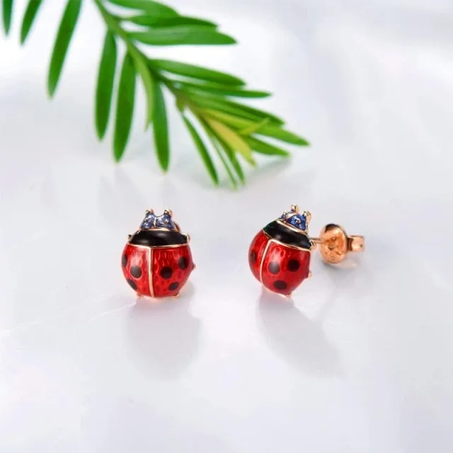 18k Gold Plated Red Ladybug Black Spots Stud Earrings