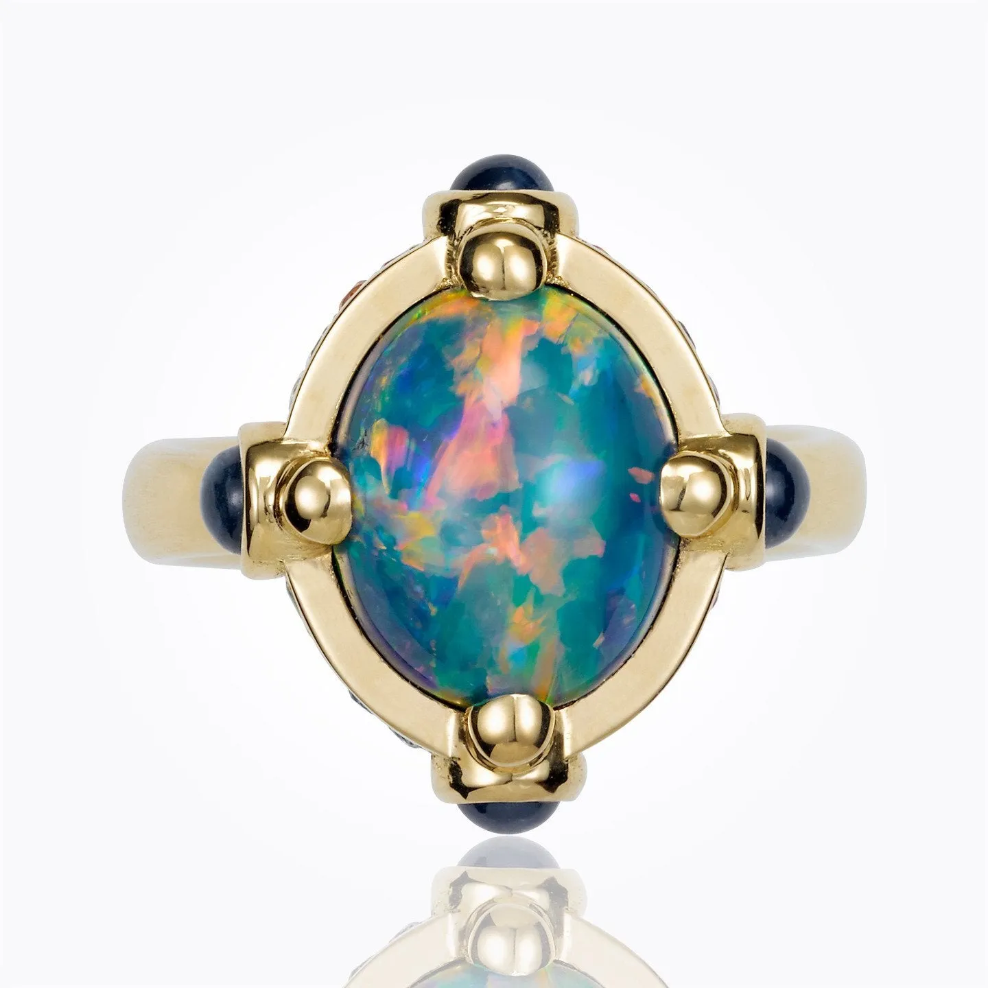 18K Magna Ring with Lightening Ridge black opal, mixed sapphire and diamond