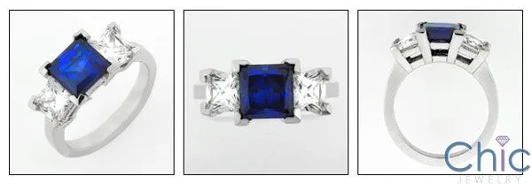 3 Stone 1 Ct . Sapphire Princess Diamond Princess on Cubic Zirconia Cz Ring
