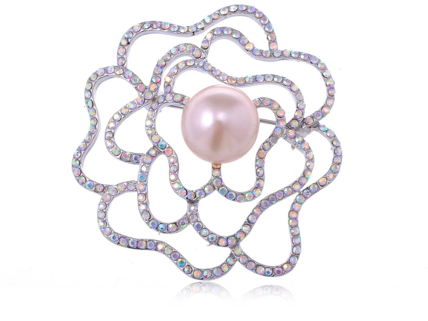 Alilang Silvery Tone Aurora Borealis Rhinestone Flower Rose Stencil Faux Pearl Pin Brooch