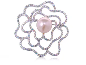 Alilang Silvery Tone Aurora Borealis Rhinestone Flower Rose Stencil Faux Pearl Pin Brooch