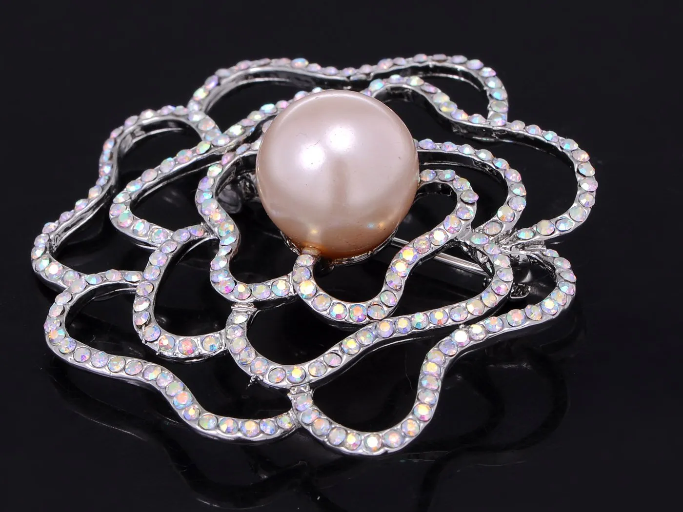 Alilang Silvery Tone Aurora Borealis Rhinestone Flower Rose Stencil Faux Pearl Pin Brooch