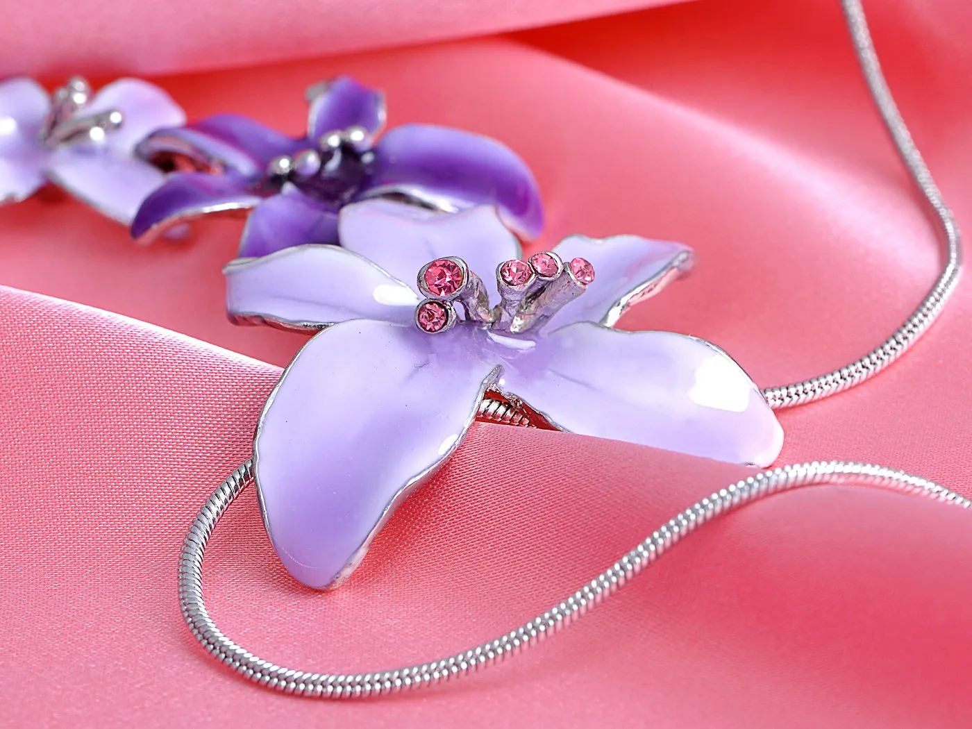 Alilang Silvery Tone Pink Rhinestones Purple Hawaiian Flower Necklace Earrings Set