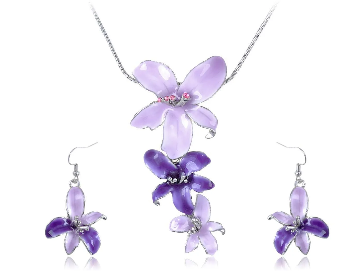 Alilang Silvery Tone Pink Rhinestones Purple Hawaiian Flower Necklace Earrings Set