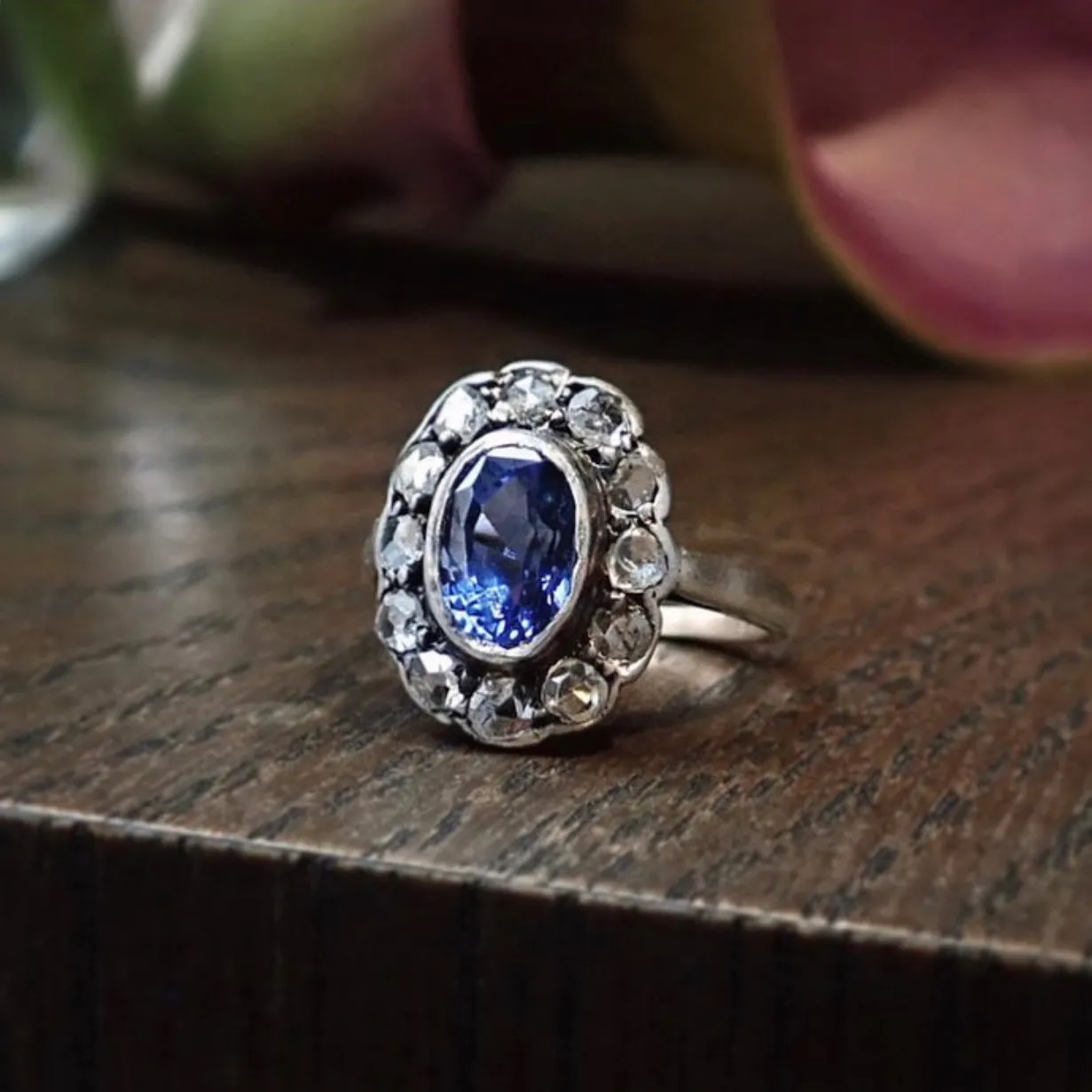 Antique Sapphire & Rose Cut Diamond Ring, Color Change Sapphire