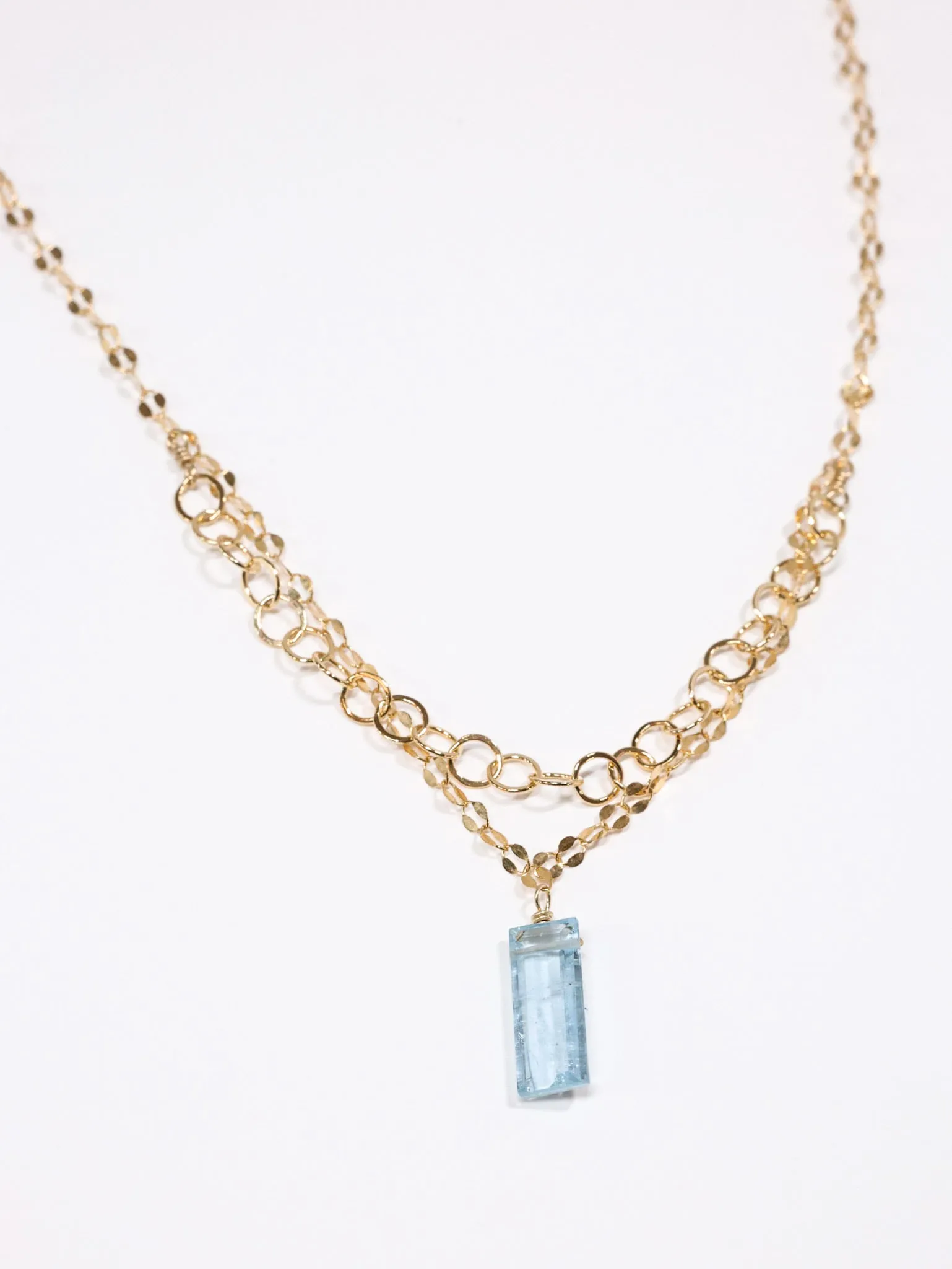 Aquamarine Fancy Cut nh Double Chain Necklace on Gold Filled