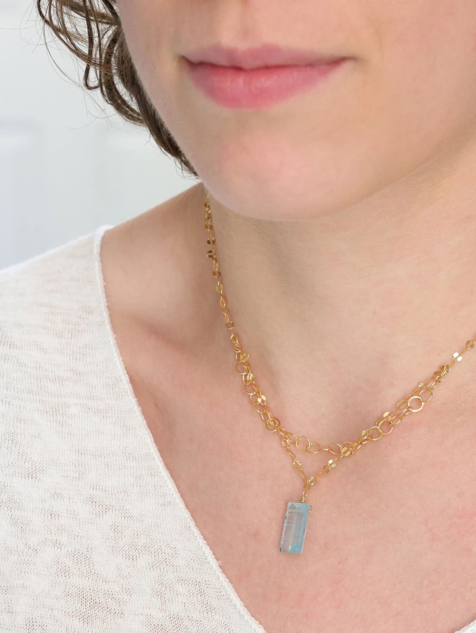 Aquamarine Fancy Cut nh Double Chain Necklace on Gold Filled
