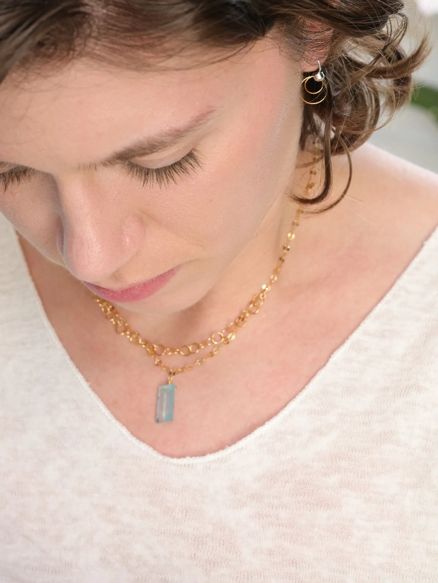 Aquamarine Fancy Cut nh Double Chain Necklace on Gold Filled