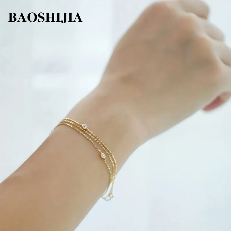 BAOSHIJIA Solid 18k Yellow Gold Simple Eternity Diamonds Bracelet Fashion Women Unique Jewelry Beautyful Luxurious