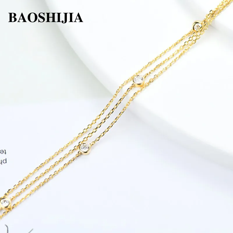 BAOSHIJIA Solid 18k Yellow Gold Simple Eternity Diamonds Bracelet Fashion Women Unique Jewelry Beautyful Luxurious
