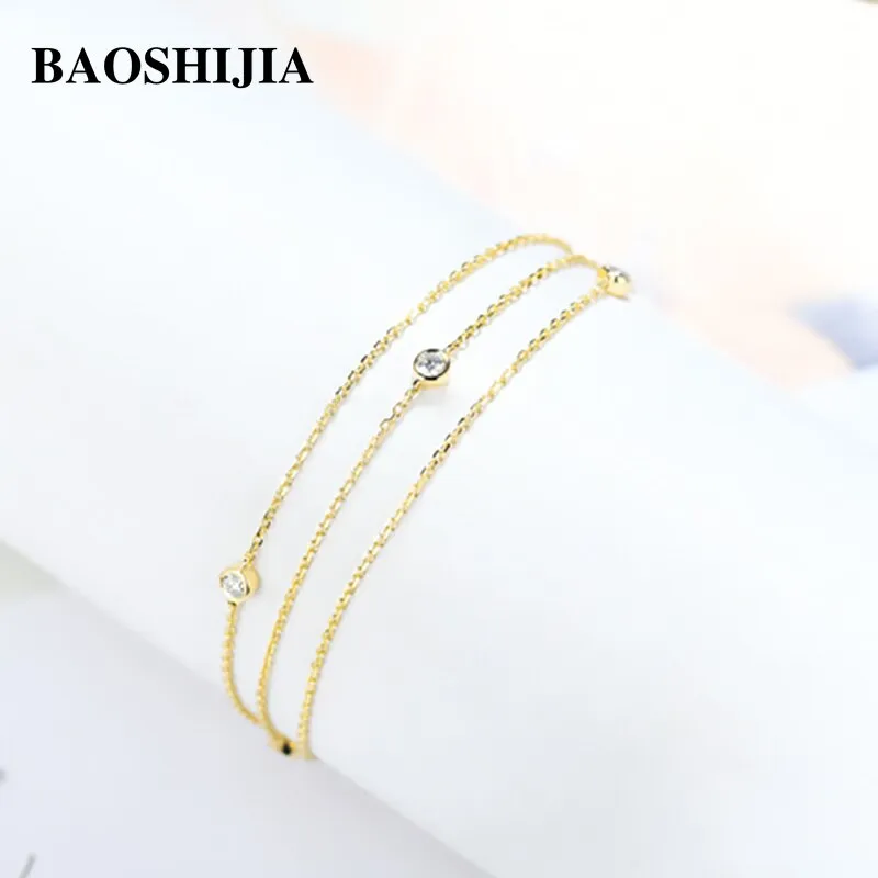 BAOSHIJIA Solid 18k Yellow Gold Simple Eternity Diamonds Bracelet Fashion Women Unique Jewelry Beautyful Luxurious