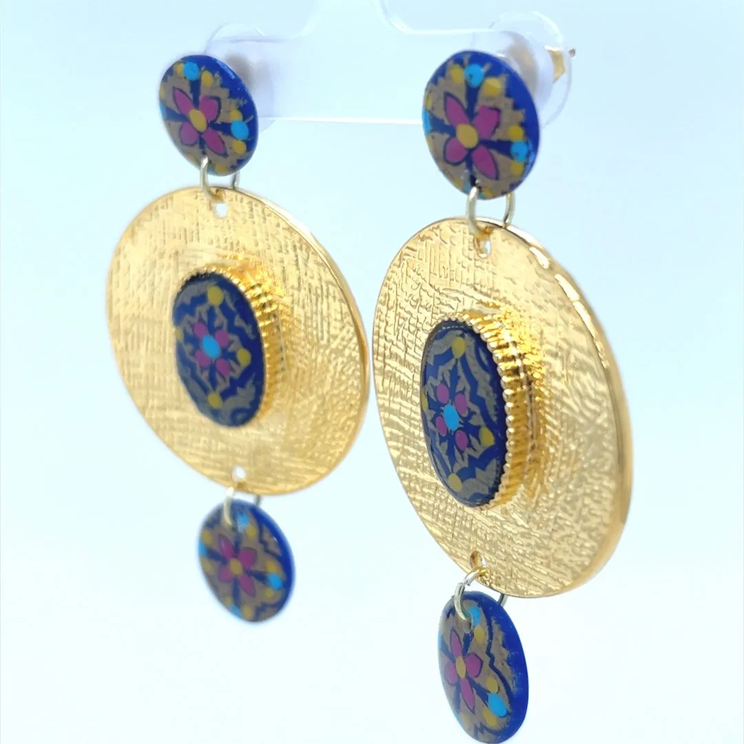 Blue & Gold Dangle Earrings With Tile Detail Large