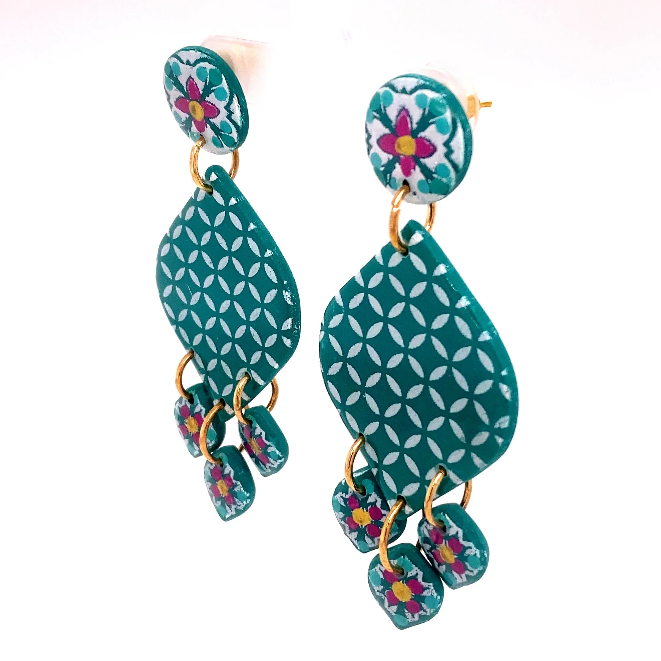 Blue & White Dangle Earrings With Clay Detail Large
