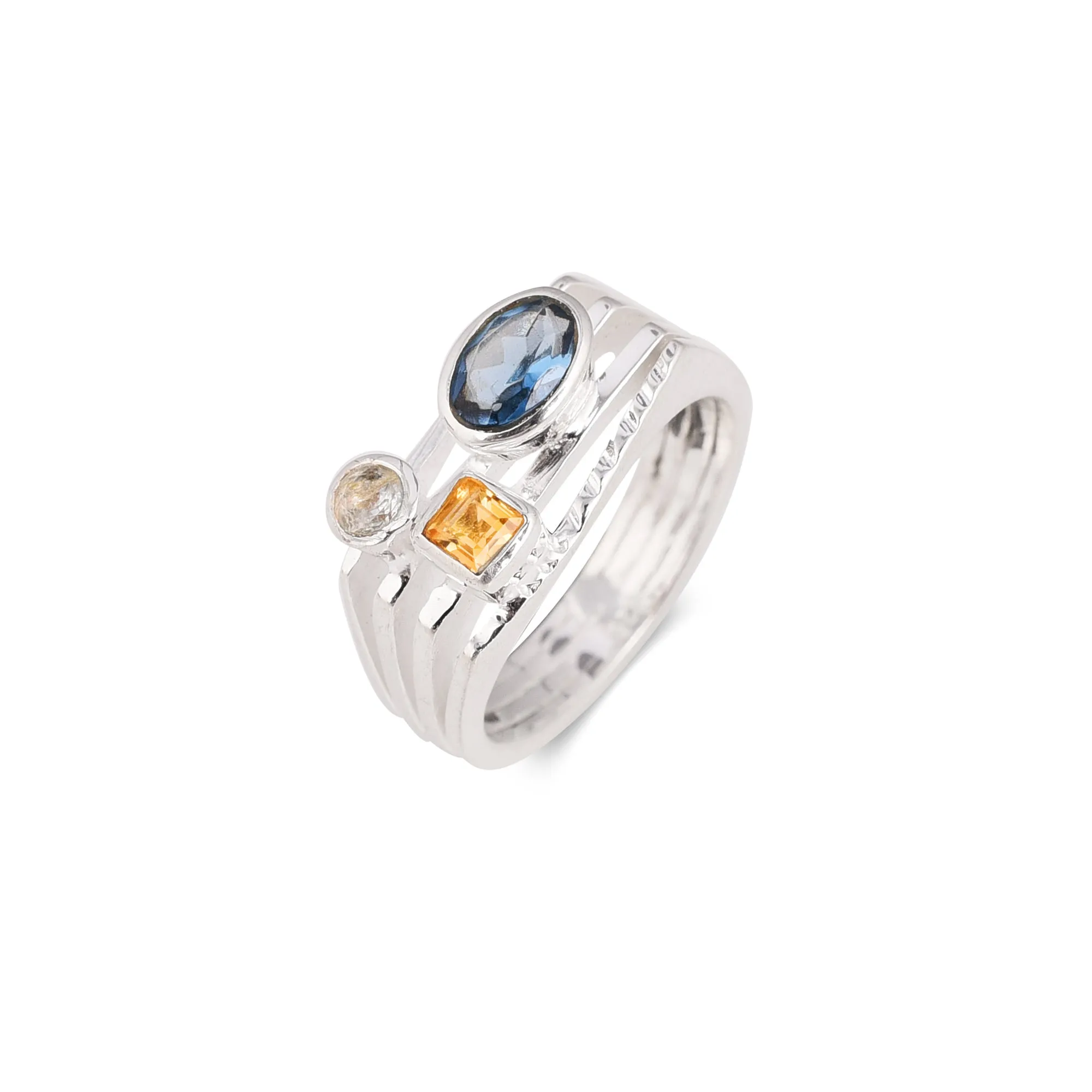 Blue Topaz, Sapphire Quartz & Citrine Silver Ring