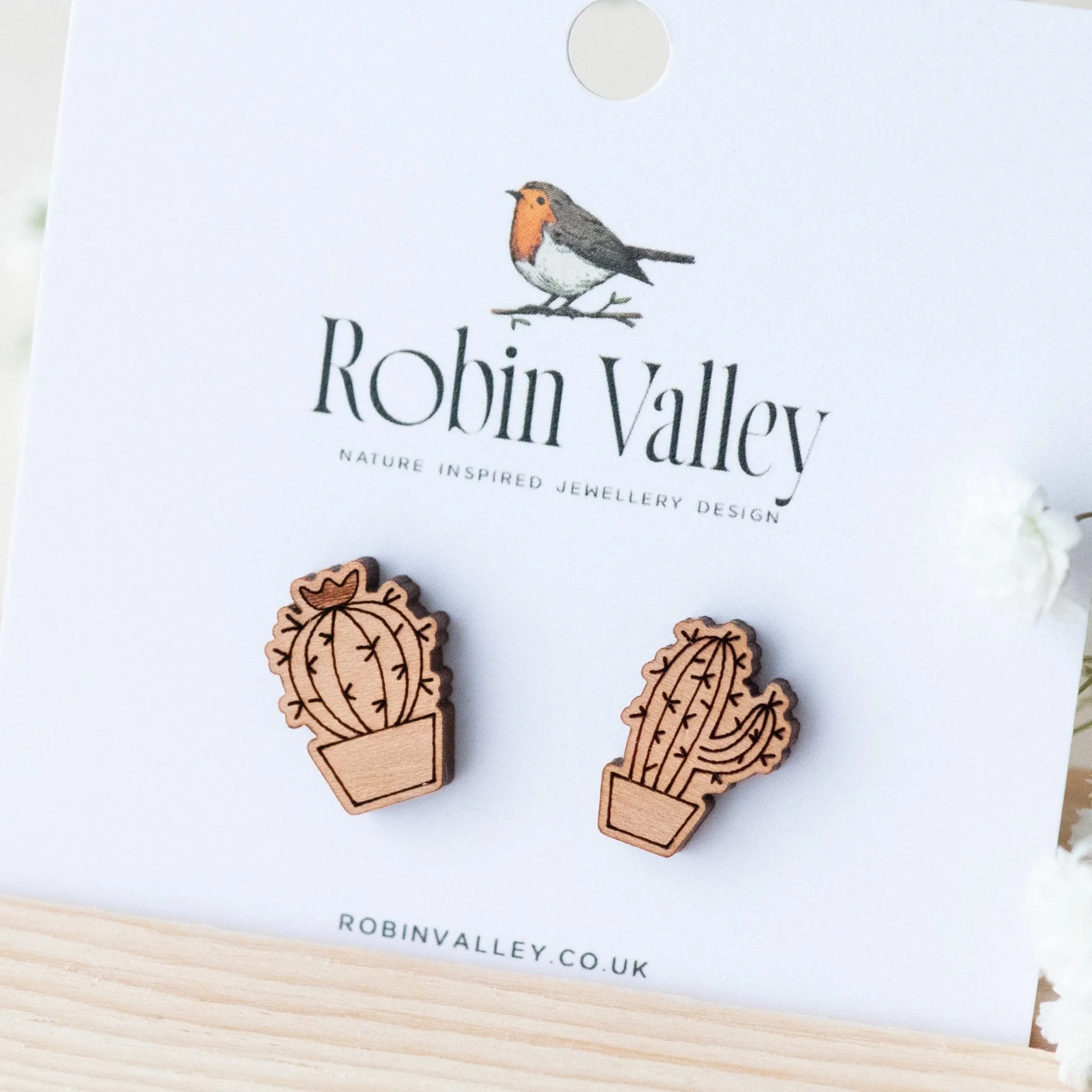 Cactus Cherry Wood Stud Earrings - EO14016