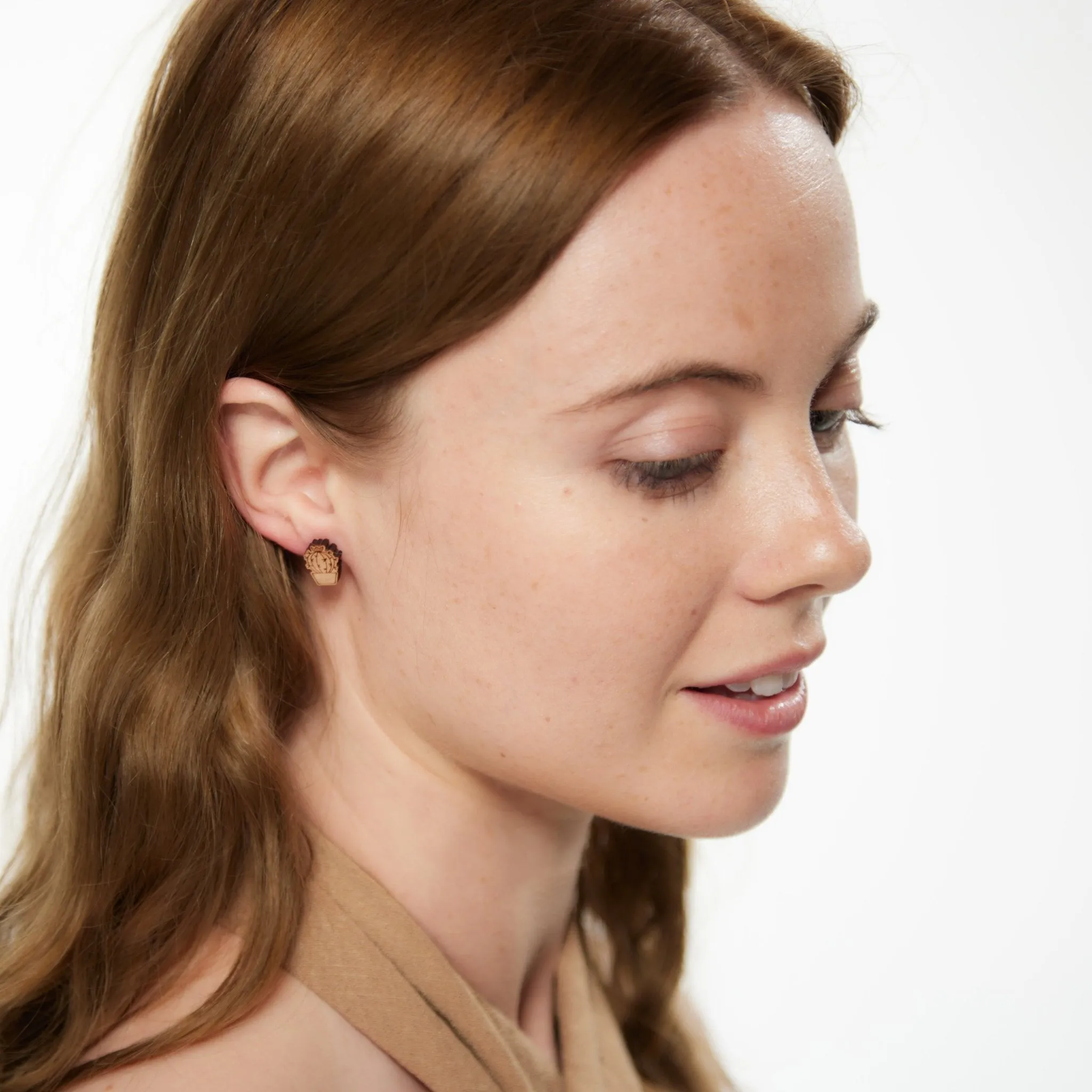 Cactus Cherry Wood Stud Earrings - EO14016