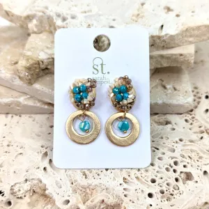 Dangle earrings with bead encrusted post and flat ring element
