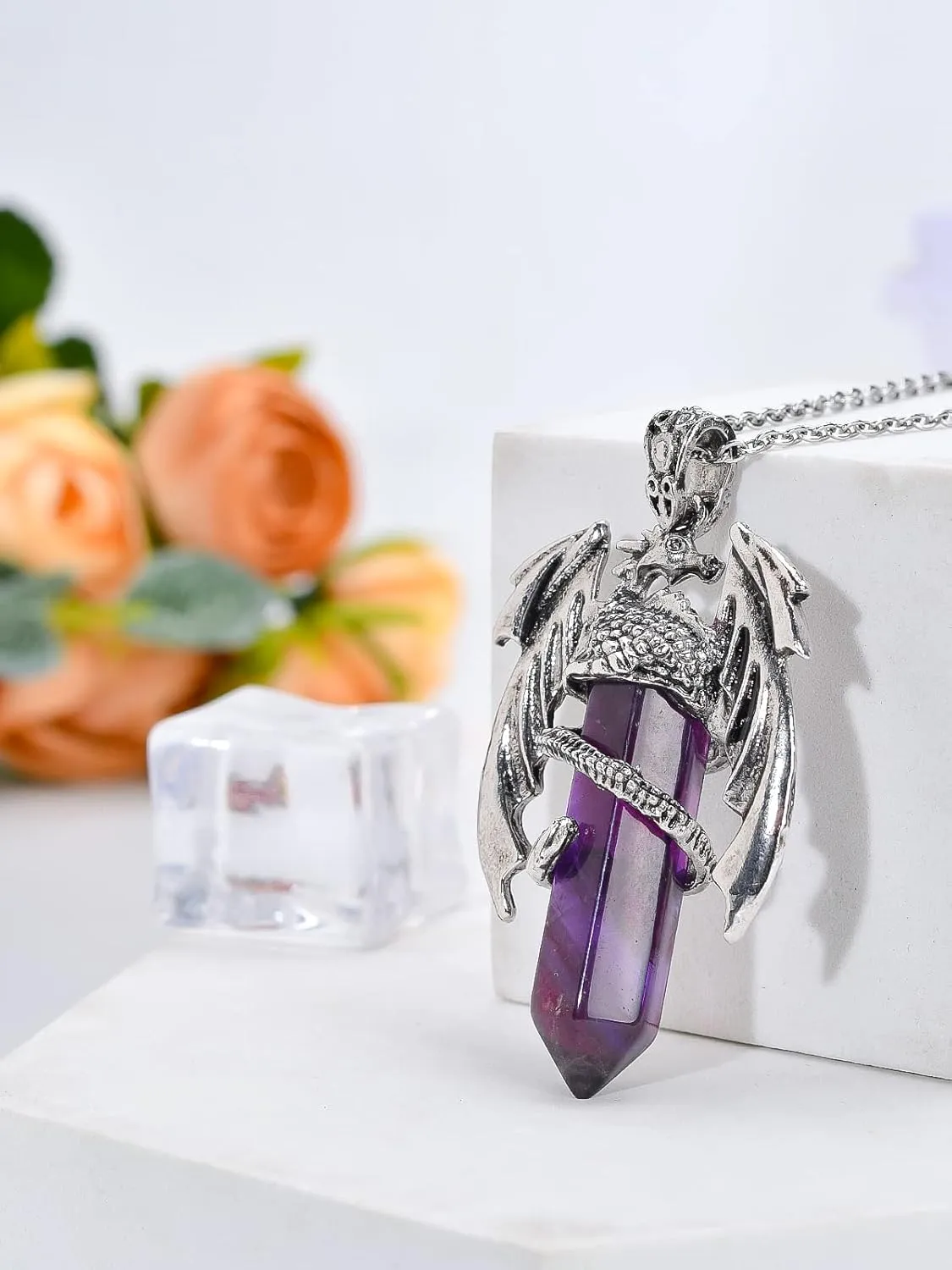 Dragon Necklace - Hexagonal Crystal Wrapped Silver Pendant with Natural Crystal - Cool Jewelry for Men and Women