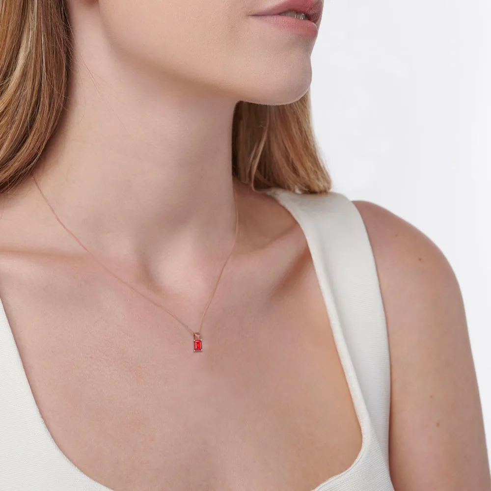 ELIZA - Emerald Cut Ruby 4 Claw Drop Pendant 18k Rose Gold
