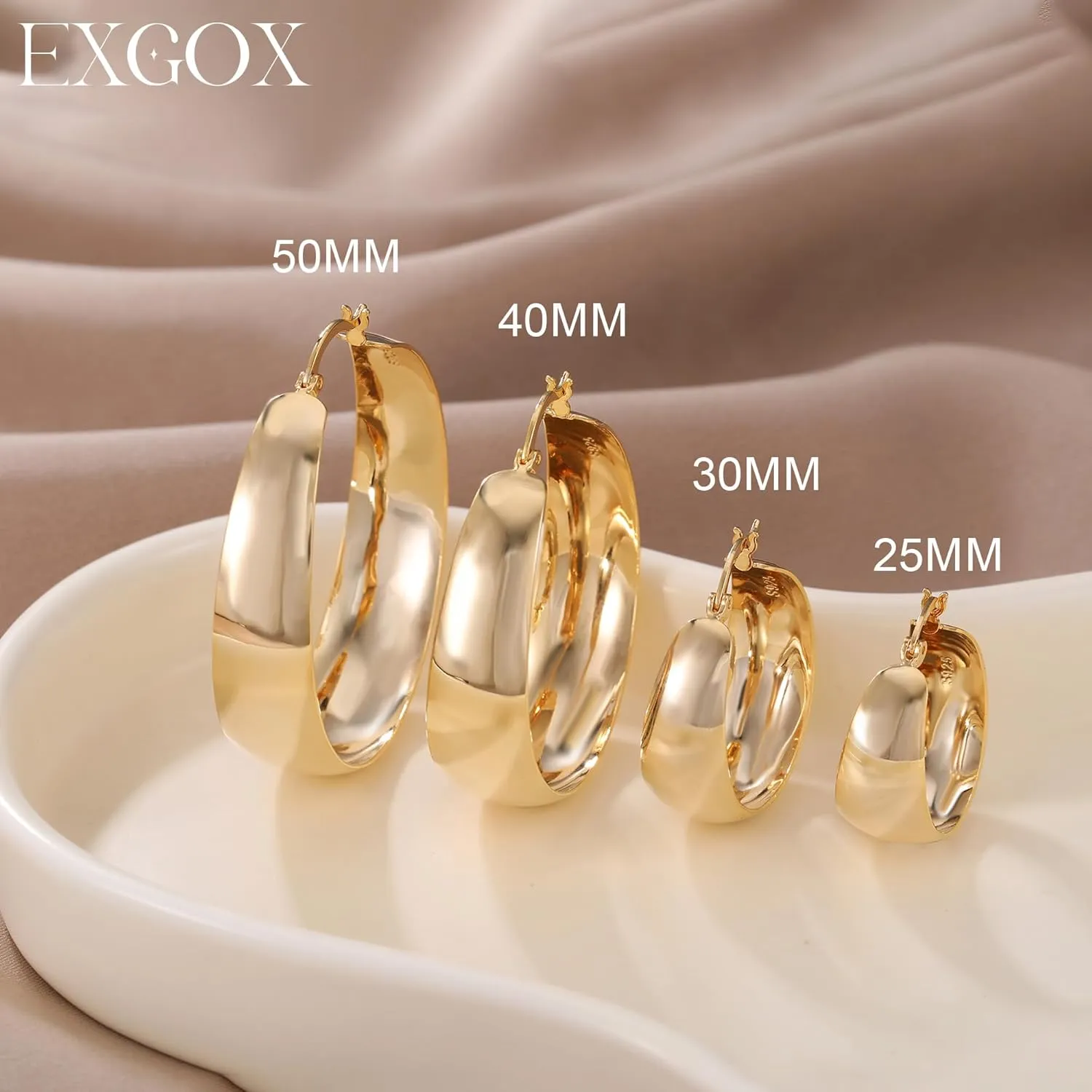 EXGOX Gold Hoop Earrings for Women Sterling Silver Post Hoops Earrings for Women Wide Thick Silver Hoop Earrings Hypoallergenic Lightweight 14k Real Gold Plated Hoop Large Earrings (25/30/40/50MM)