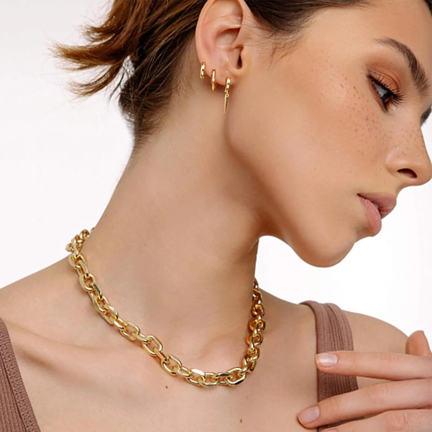 FANZE 3 Pairs Hoop Earrings for Women Dainty Chain Spike Gold Sliver Huggie Earring Set for Multiple Piercing Hypoallergenic Trendy Jewelry Gift