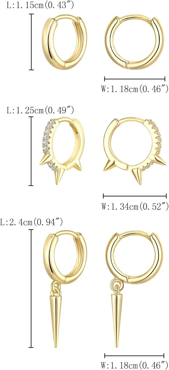 FANZE 3 Pairs Hoop Earrings for Women Dainty Chain Spike Gold Sliver Huggie Earring Set for Multiple Piercing Hypoallergenic Trendy Jewelry Gift