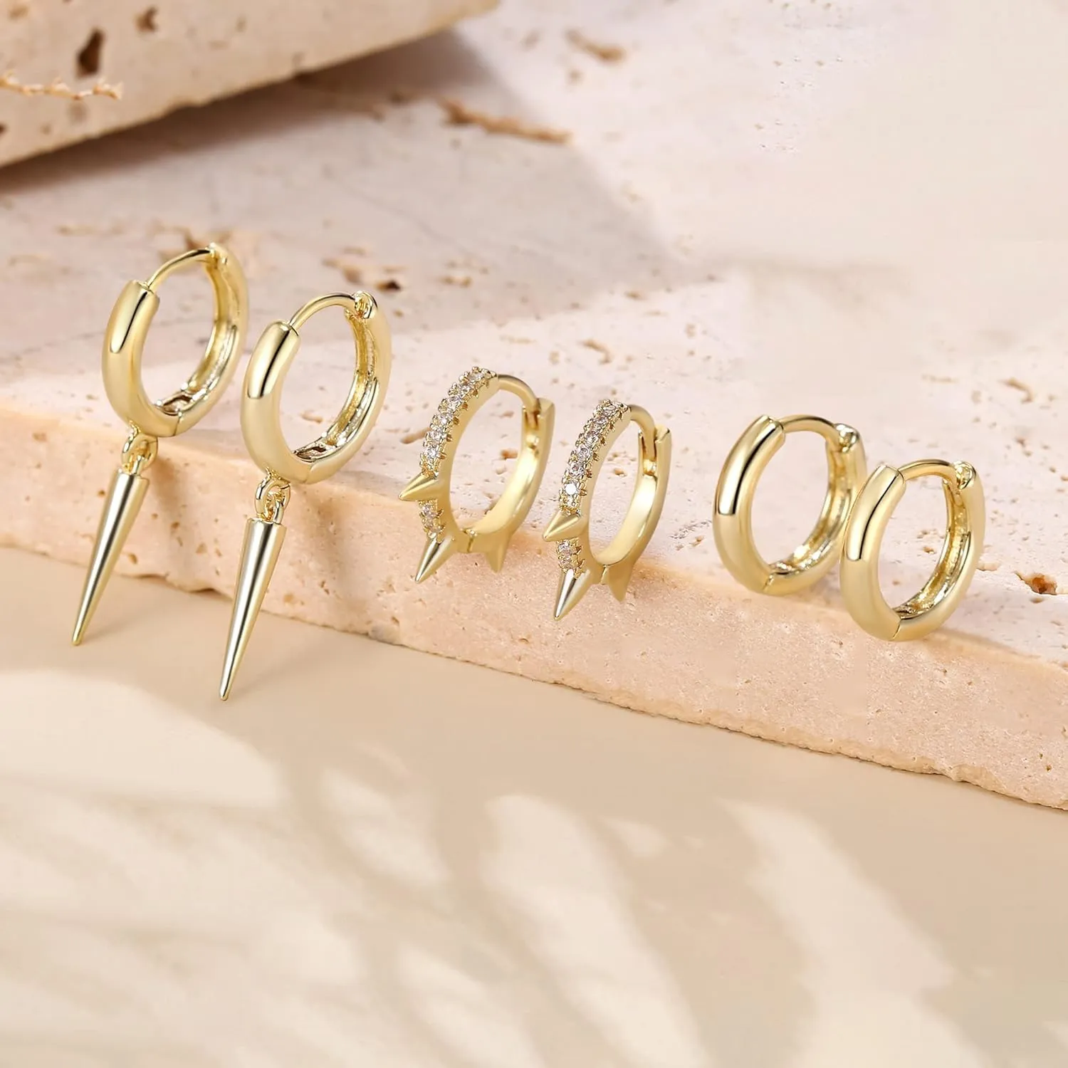 FANZE 3 Pairs Hoop Earrings for Women Dainty Chain Spike Gold Sliver Huggie Earring Set for Multiple Piercing Hypoallergenic Trendy Jewelry Gift