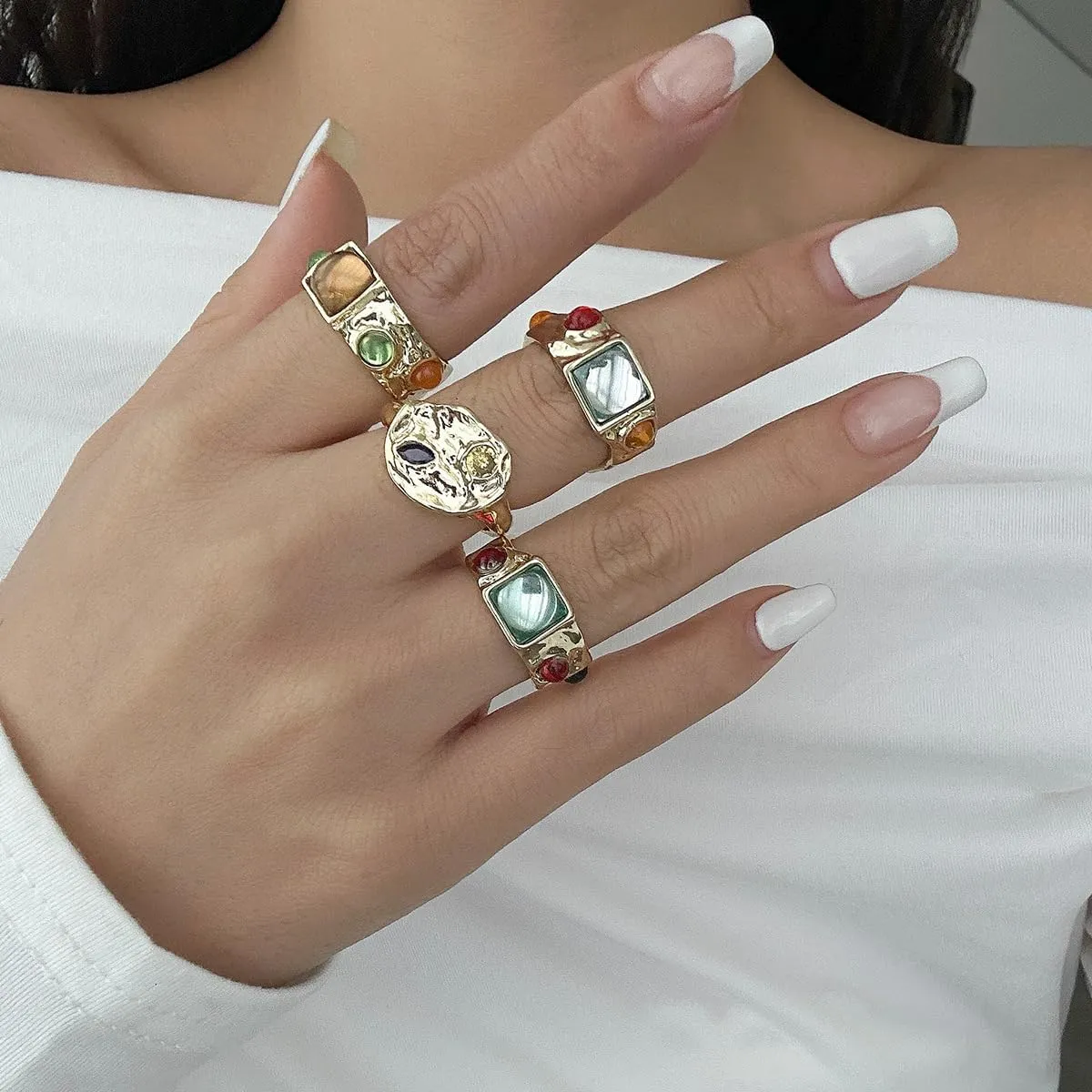Gemstone Gold Rings for Women Non Tarnish Chunky Silver Stackable Rings for Women Adjustable Trendy Dainty Thick Chunky Jewelry