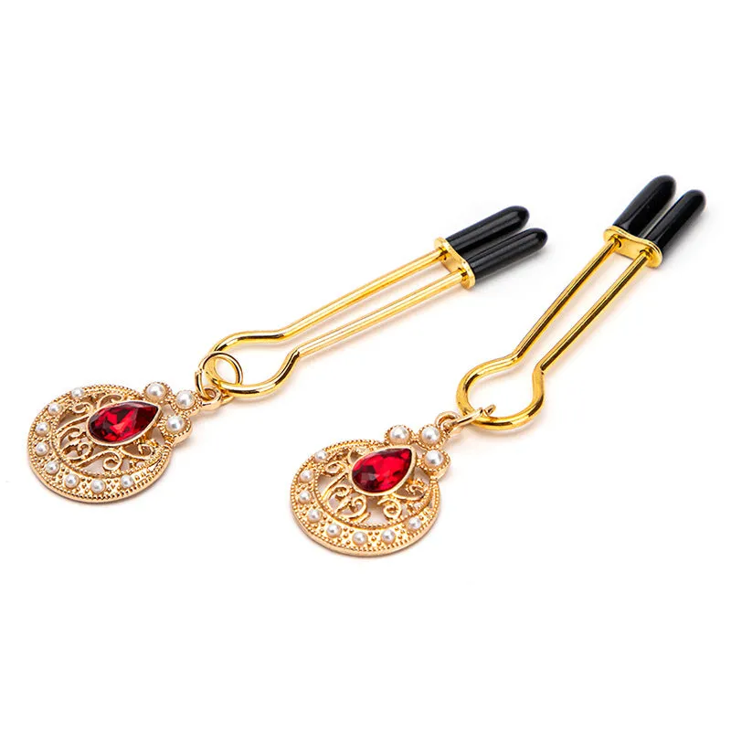 Gold Nipple Clamps with Red Gemstone Pendants