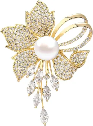 Gold-tone Flower Brooch Pin Jewelry Fashion Floral Brooches for Women with Imitation Pearl