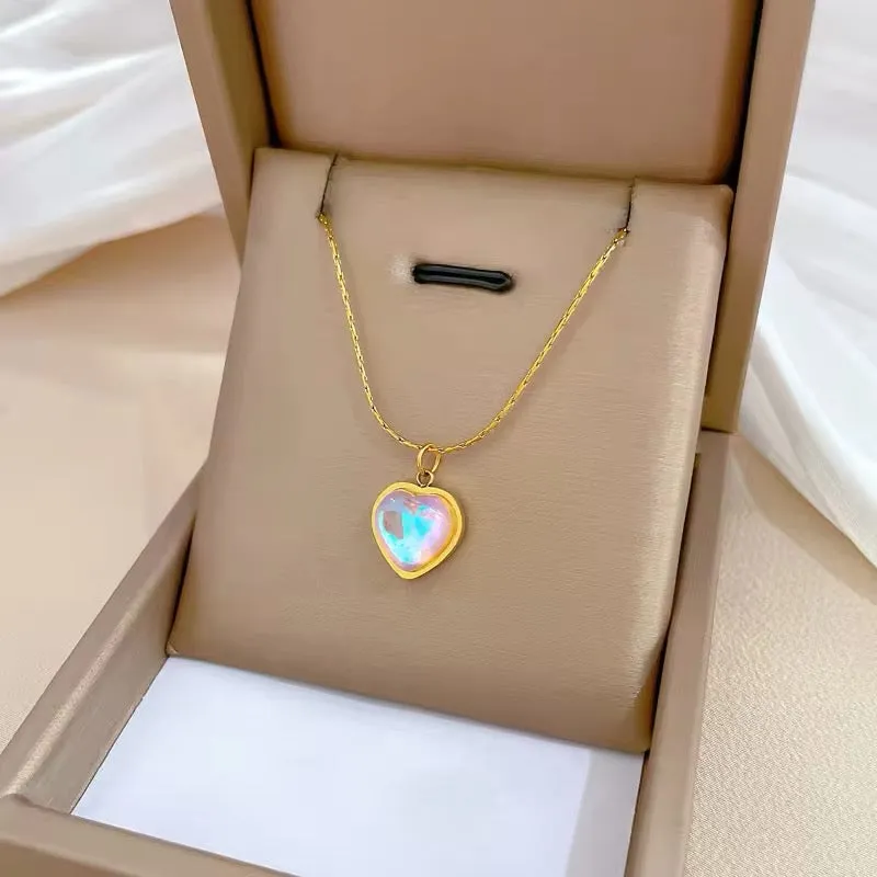 Heart Shaped Colored Moonstone Pendant Necklace