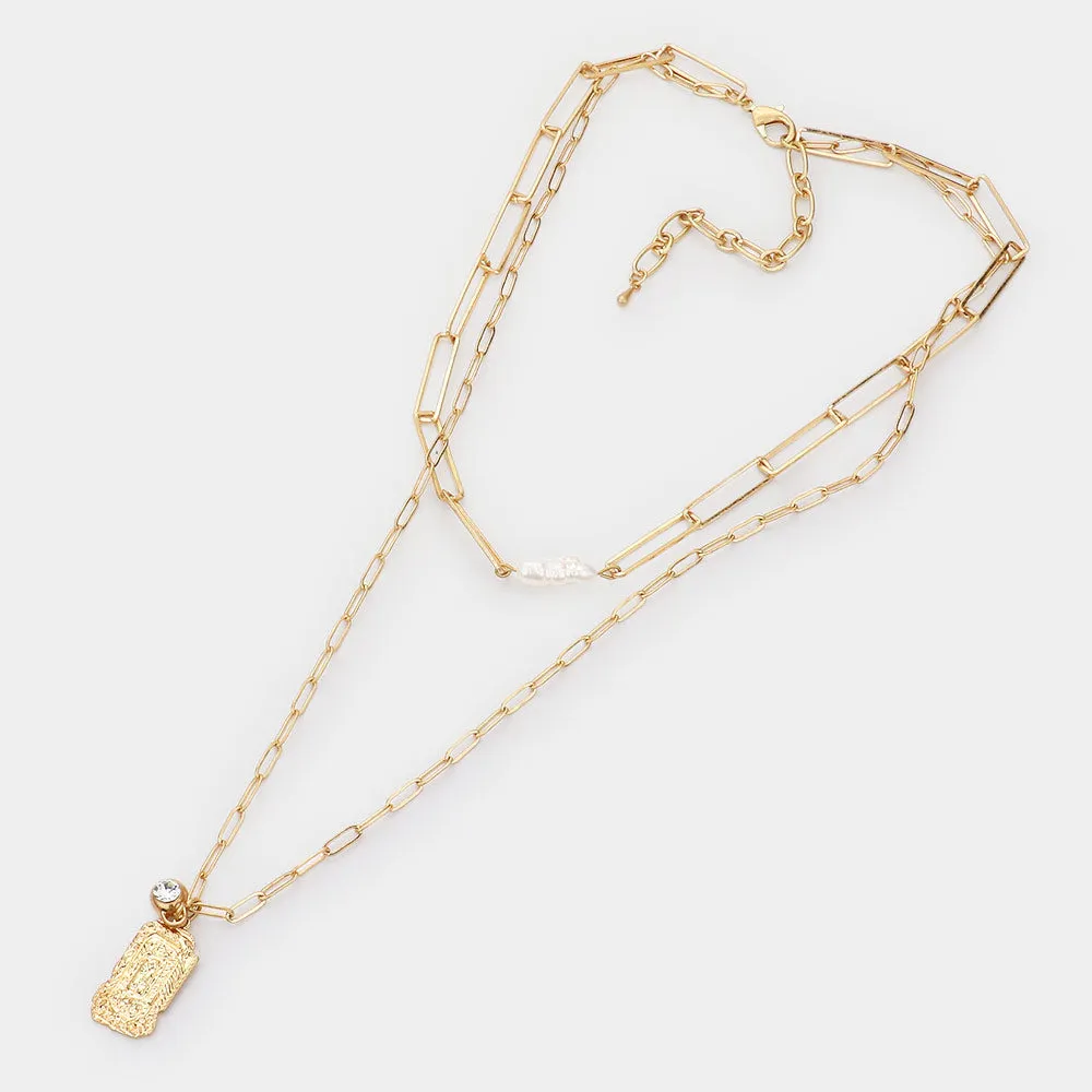 iLLASPARKZ Freshwater Pearl Textured Brass Metal Rectangle Pendant Double Layered Necklace