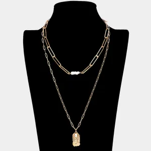 iLLASPARKZ Freshwater Pearl Textured Brass Metal Rectangle Pendant Double Layered Necklace