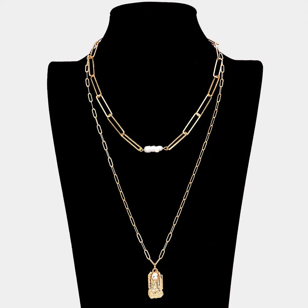 iLLASPARKZ Freshwater Pearl Textured Brass Metal Rectangle Pendant Double Layered Necklace