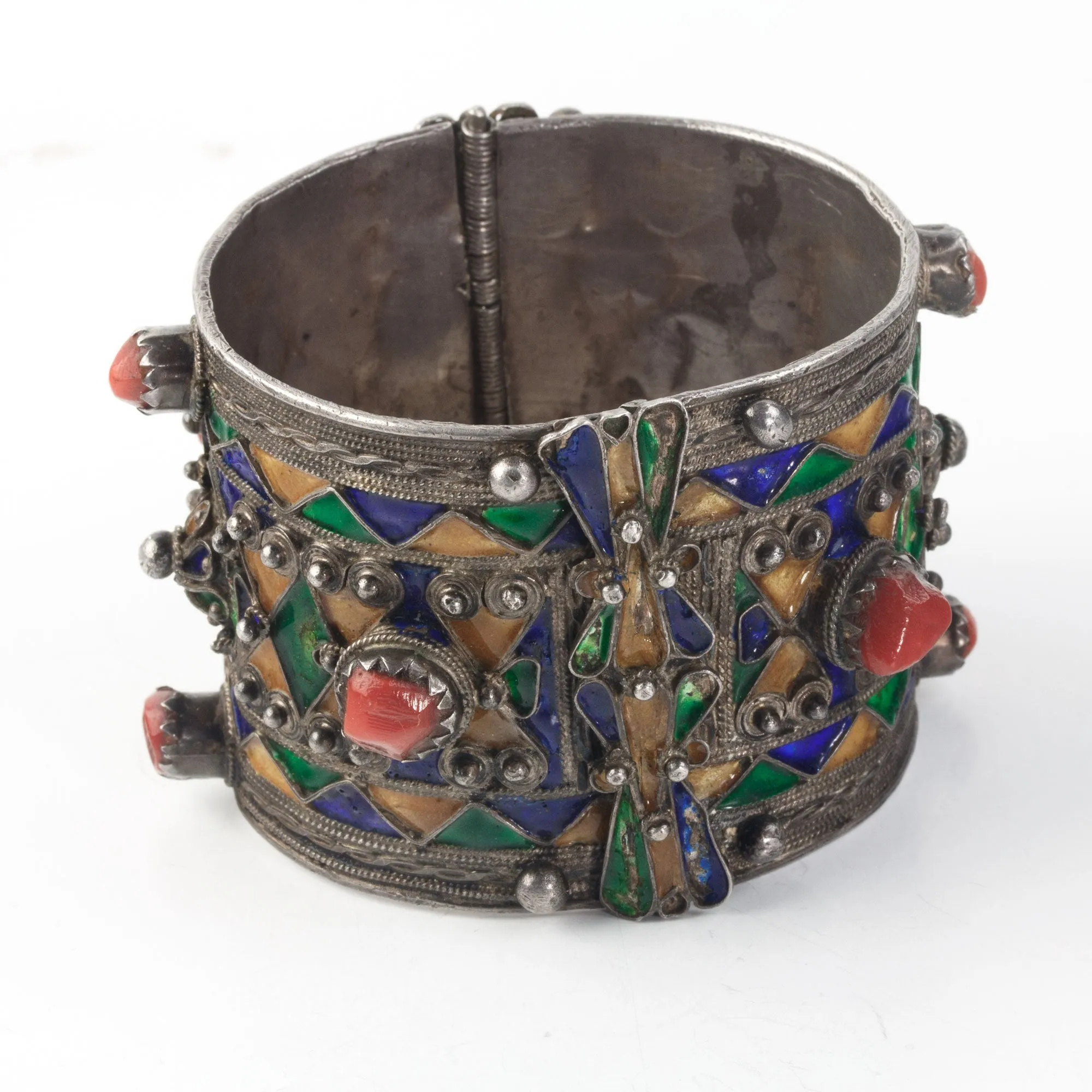 Kabyle tribe Bracelet, Old Berber silver, coral, enamel, from Algeria. j-bret107rl