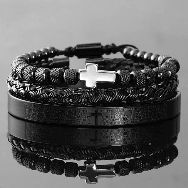 Men's Christian Cross Spanish Carving Bracelet Set
