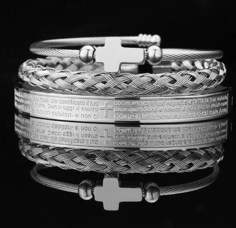 Men's Christian Cross Spanish Carving Bracelet Set