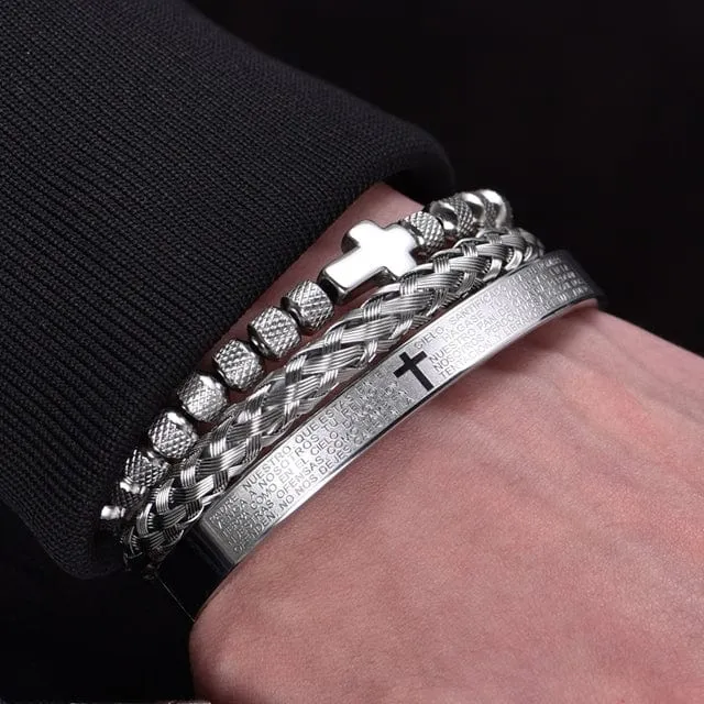 Men's Christian Cross Spanish Carving Bracelet Set