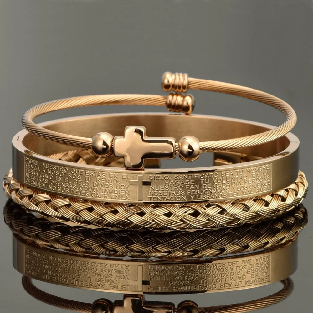 Men's Christian Cross Spanish Carving Bracelet Set