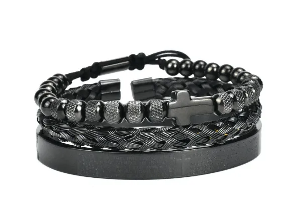 Men's Christian Cross Spanish Carving Bracelet Set