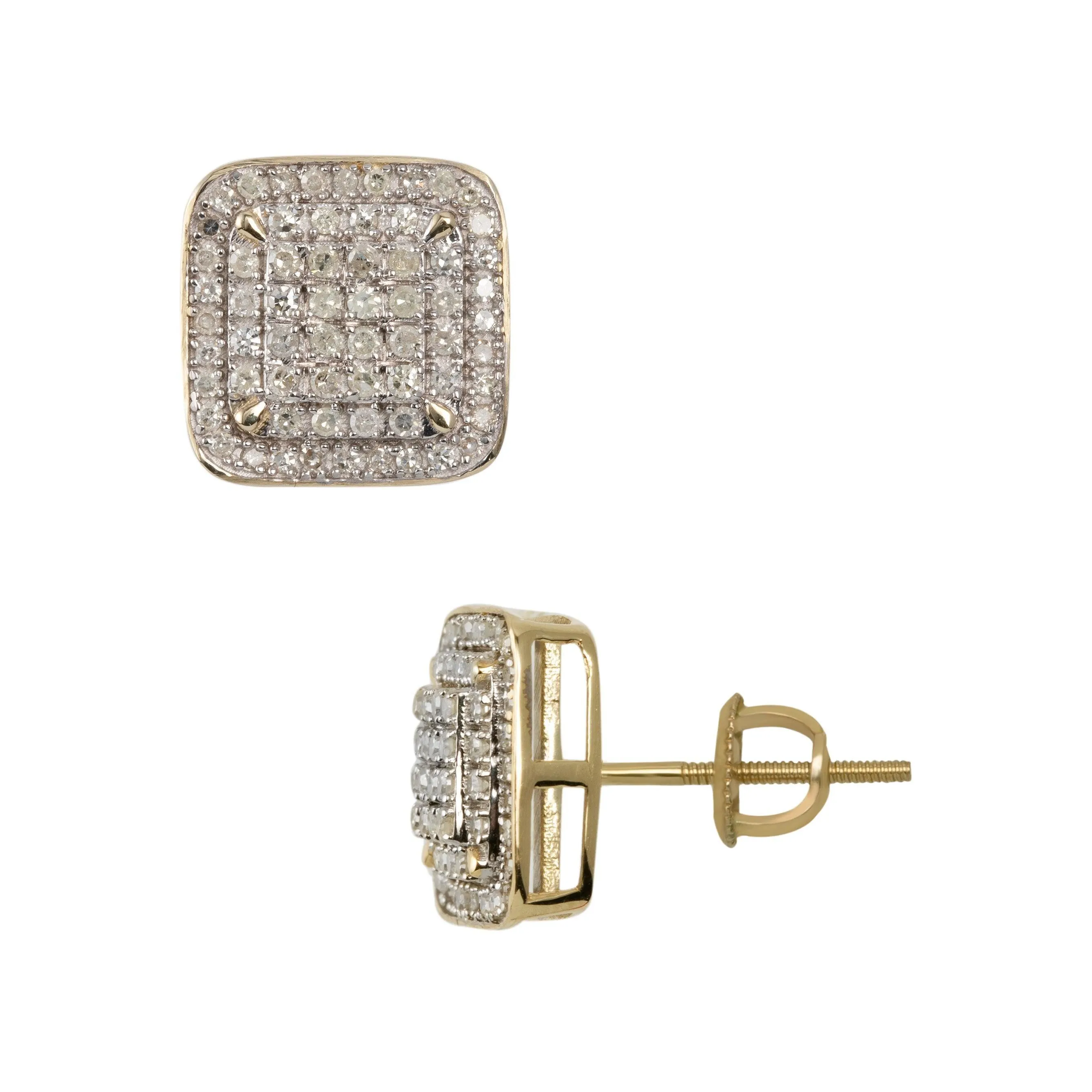 Men's Halo Micro-Pavé Square Diamond Stud Earrings 0.60ct 10K Yellow Gold