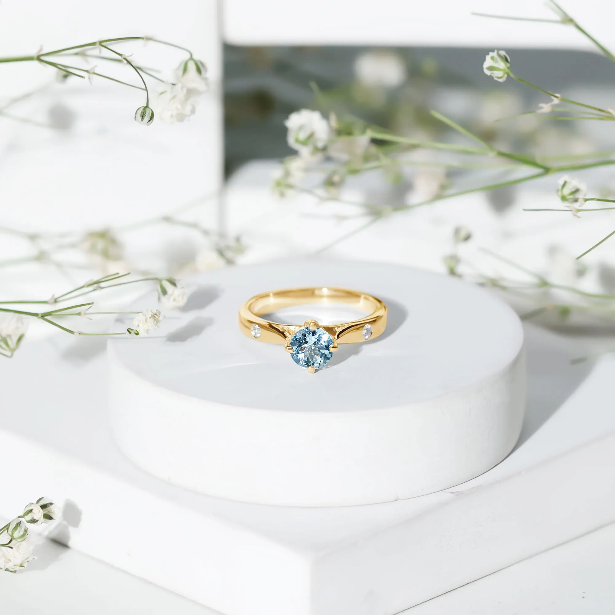 Natural Aquamarine Solitaire Promise Ring in Floral Setting