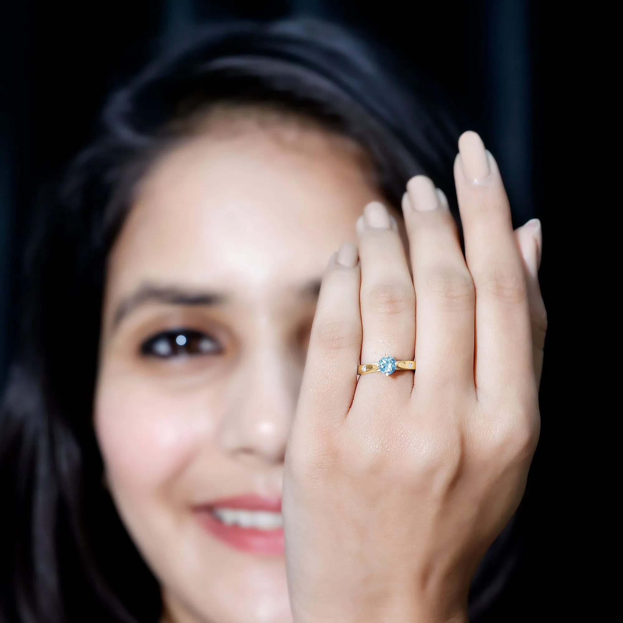 Natural Aquamarine Solitaire Promise Ring in Floral Setting