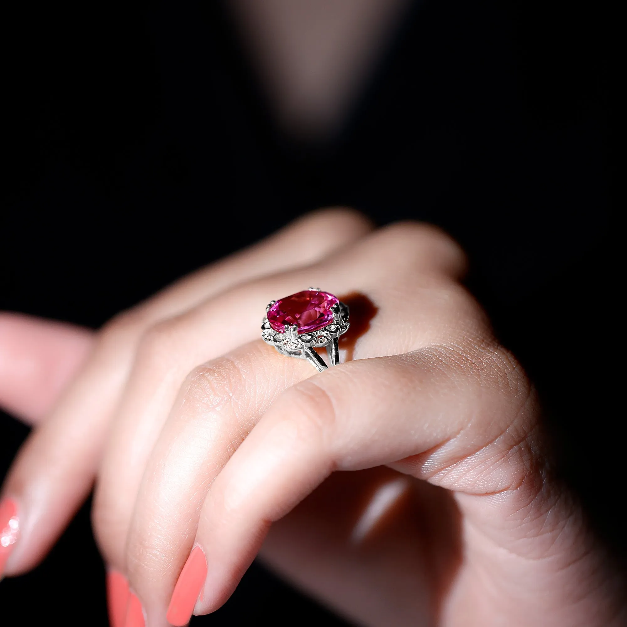 Oval Created Pink Sapphire Split Shank Engagement Ring with Diamond
